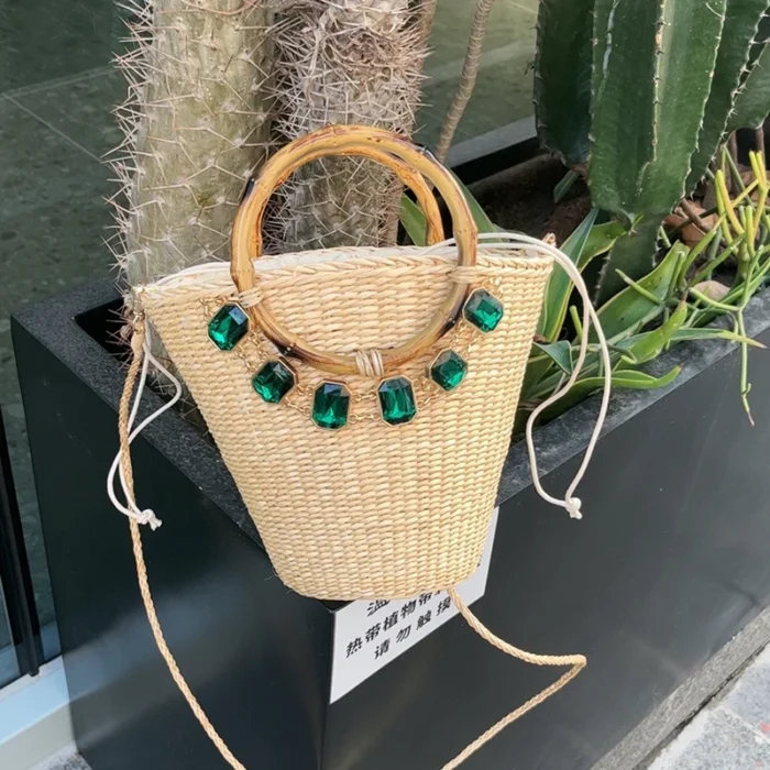 kf S08f18ad4f7cd415d8b30d44ae46d5b90E Women s Fashion Hand Woven Bag Sapphire Bucket Bag Summer Beach Straw bale Exquisite Court Style