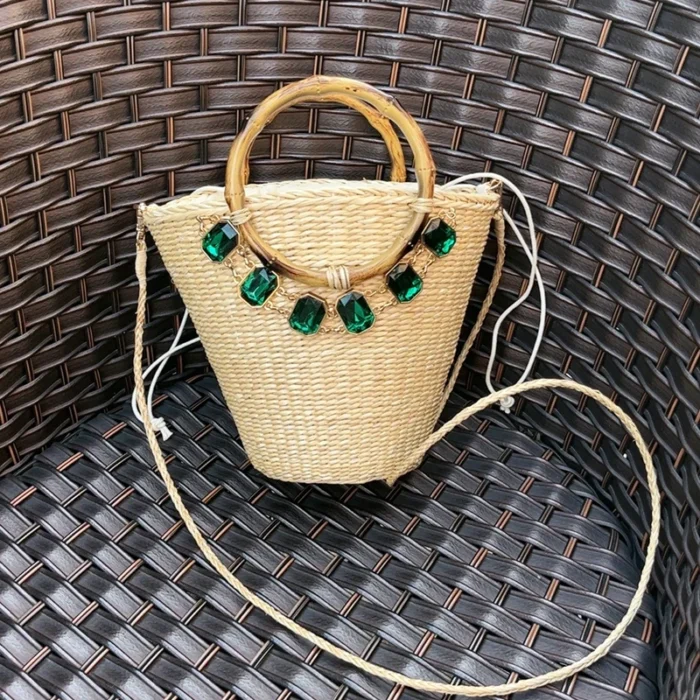 kf S6ee2cc426bbb4b76a09d2842476fc497y Women s Fashion Hand Woven Bag Sapphire Bucket Bag Summer Beach Straw bale Exquisite Court Style