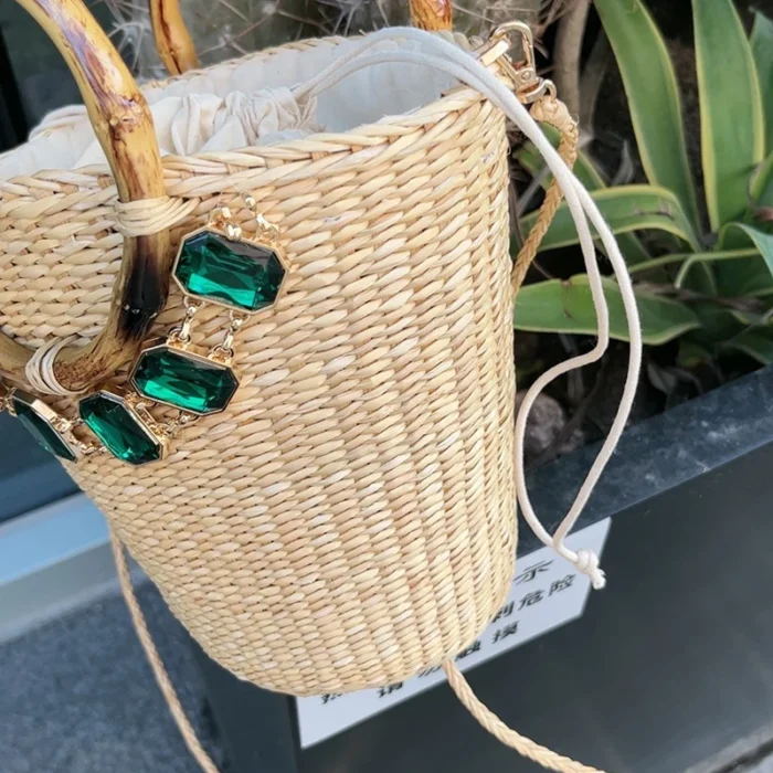 kf S84150abcd26345aba1fccd6119f632dcp Women s Fashion Hand Woven Bag Sapphire Bucket Bag Summer Beach Straw bale Exquisite Court Style