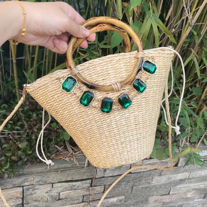 kf Sdbb9950dd1504ffaa549312b9cdb1b3ez Women s Fashion Hand Woven Bag Sapphire Bucket Bag Summer Beach Straw bale Exquisite Court Style