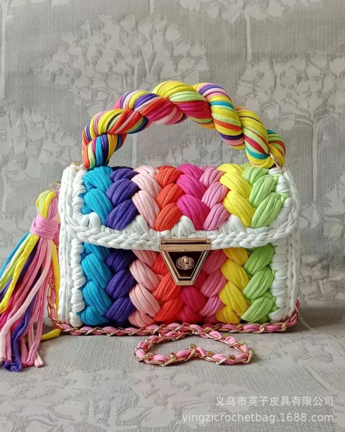 kf S241a67409c48425ba2272b833141b203c Lady Shoulder Bag Handmade Crochet Bag Woven Bag Fabric Strip Luxury Designer Handbag Purses for Women