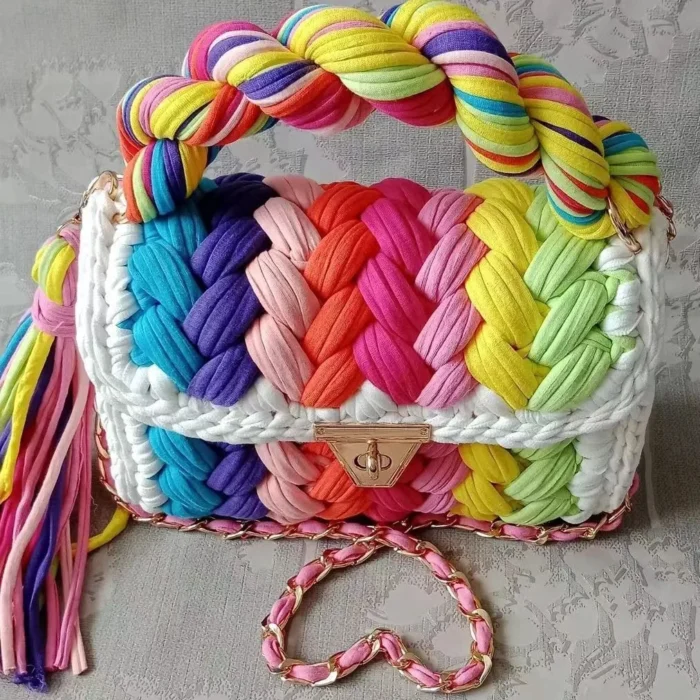kf S2c25dbe95d0a4f789b38403340368db6Z Lady Shoulder Bag Handmade Crochet Bag Woven Bag Fabric Strip Luxury Designer Handbag Purses for Women