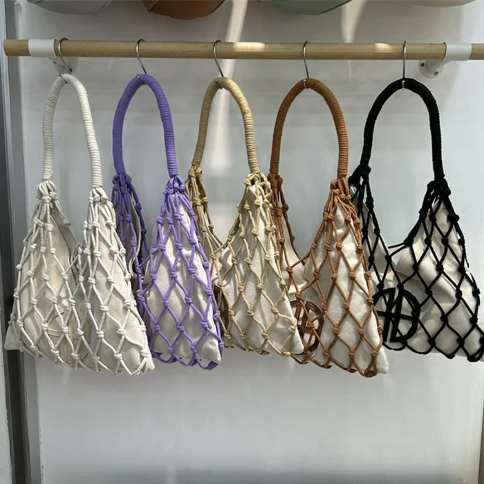 kf S2d4b0376bf0b4d32b40f649954f1ac5di Hollow Out Bucket Mesh Handmade Weave Bags For Women Luxury Designer Handbags Purses 2024 New In