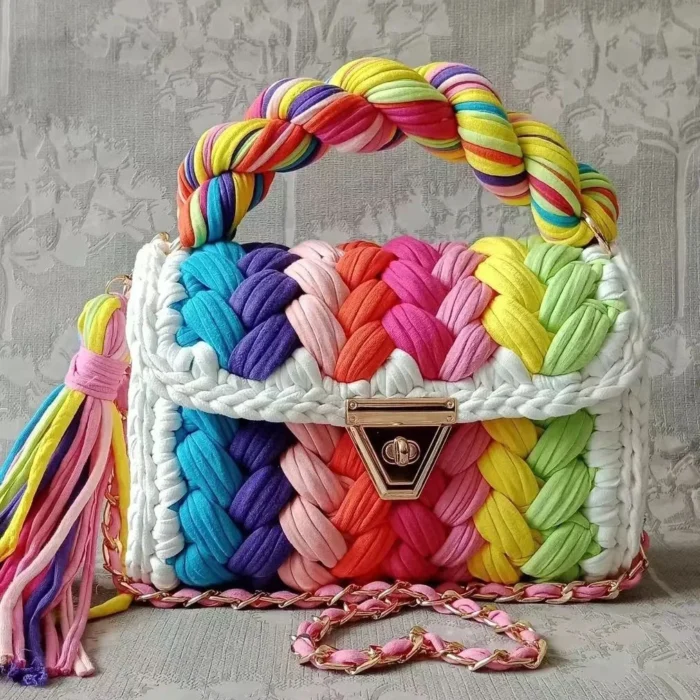 kf S8d899fbe19ec42ad9894e3a84a02e466M Lady Shoulder Bag Handmade Crochet Bag Woven Bag Fabric Strip Luxury Designer Handbag Purses for Women