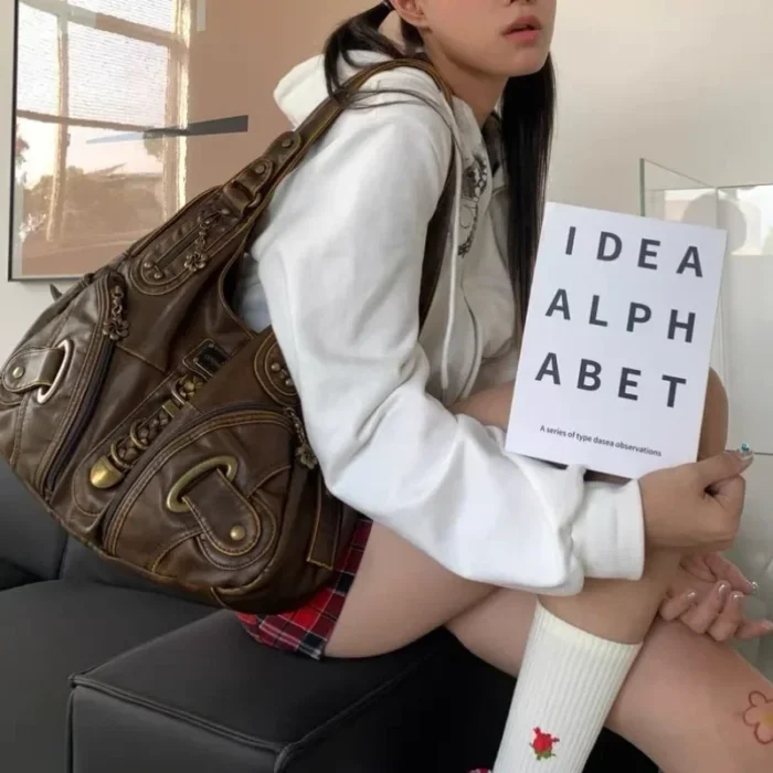 kf S93fb22d2619a423887c0d133bf1c00927 Xiuya Y2k Vintage Womens Shoulder Bag Large Capacity Casual Pu Leather Tote Bag American Retro