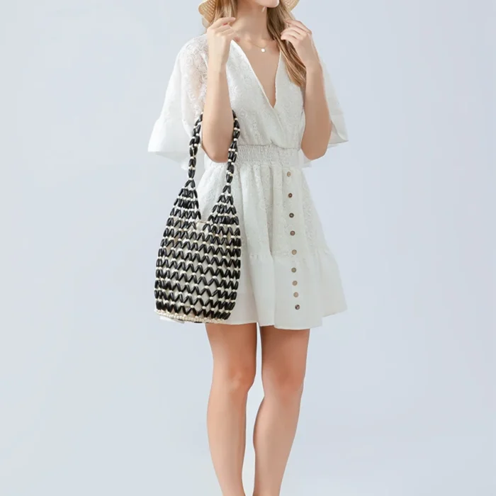 kf Sb63d7a84e2e74f00a7bd16bc6c6a7ce0m Women Woven hand bag summer design hollow out wooden bead tote bucket shoulder bag female Reticulate